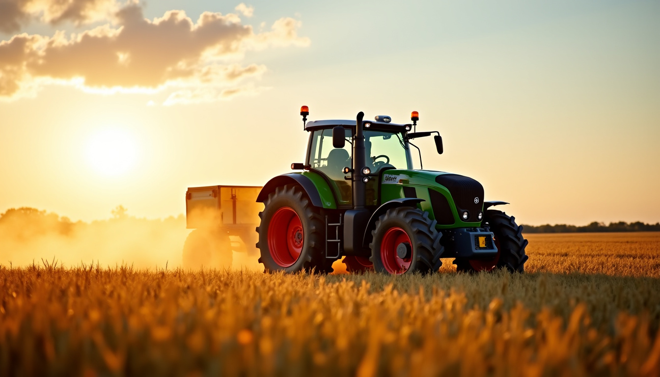 Fendt 6335 C en action dans un champ de céréales, vue latérale montrant l