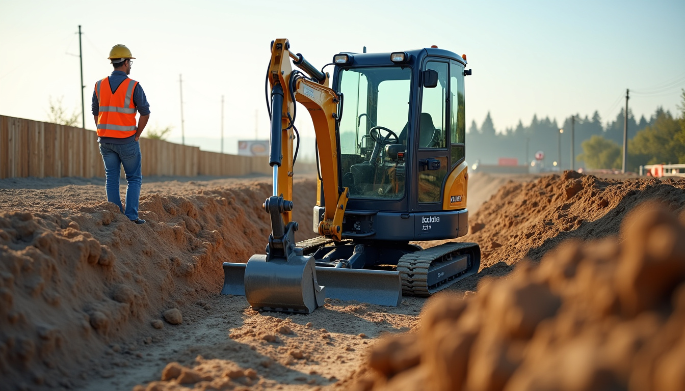 Mini-pelle Kubota U27-4 en action sur un chantier de génie civil