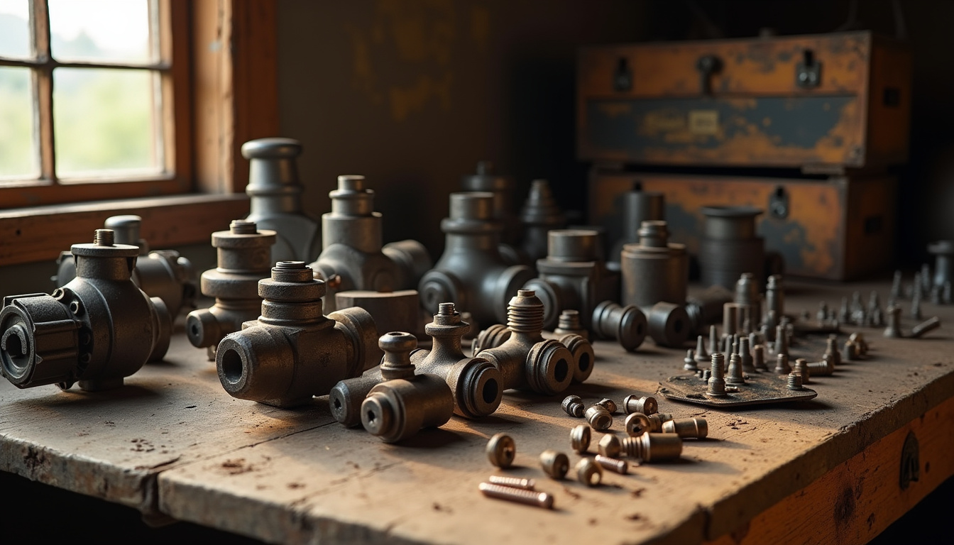 Pièces agricoles exposées sur un établi d