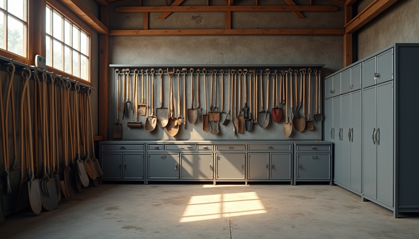 Système de rangement avec râteliers muraux et armoires métalliques dans un atelier agricole