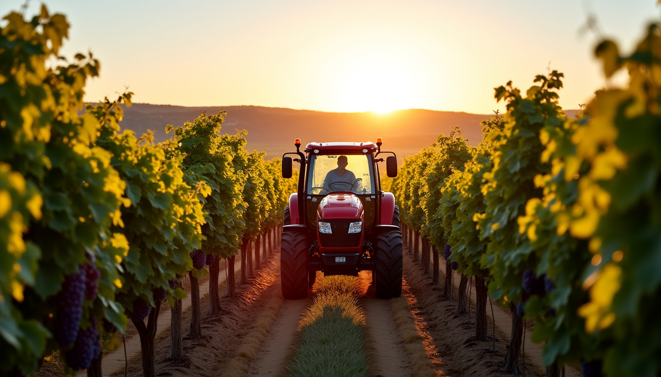 Tracteur Case IH Quantum en action dans un vignoble avec des rangées de vigne