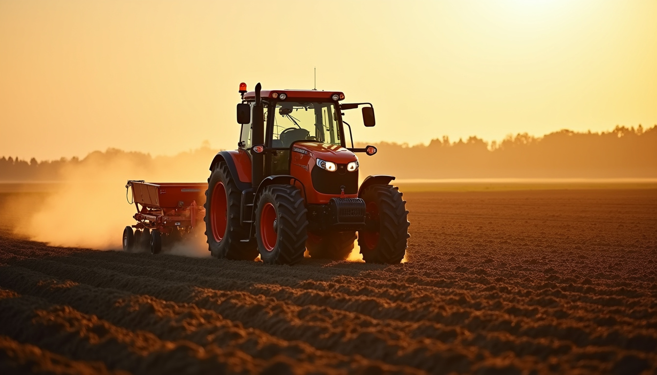 Tracteur Kubota M7004 en plein travail dans un champ agricole
