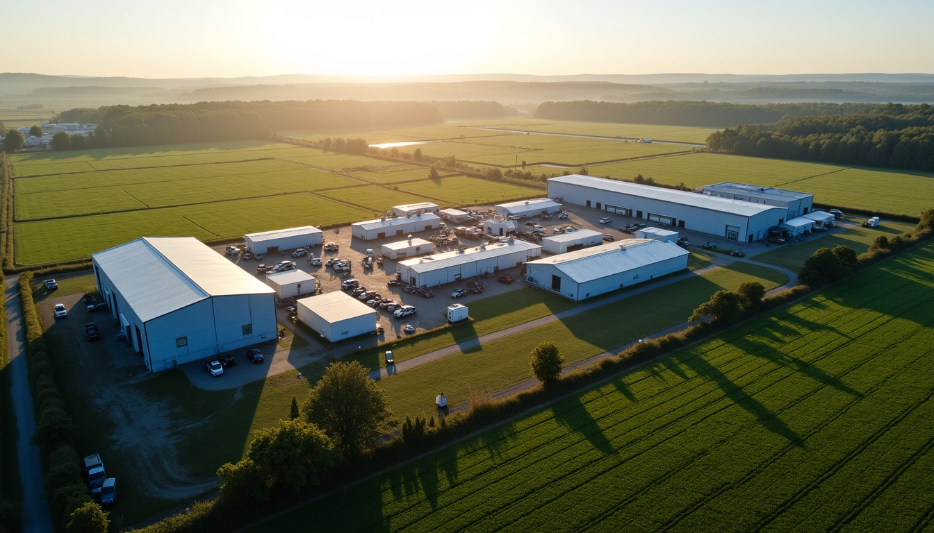 Usine Sulky à Châteaubourg en Bretagne, vue aérienne des bâtiments industriels et des zones de test agricoles