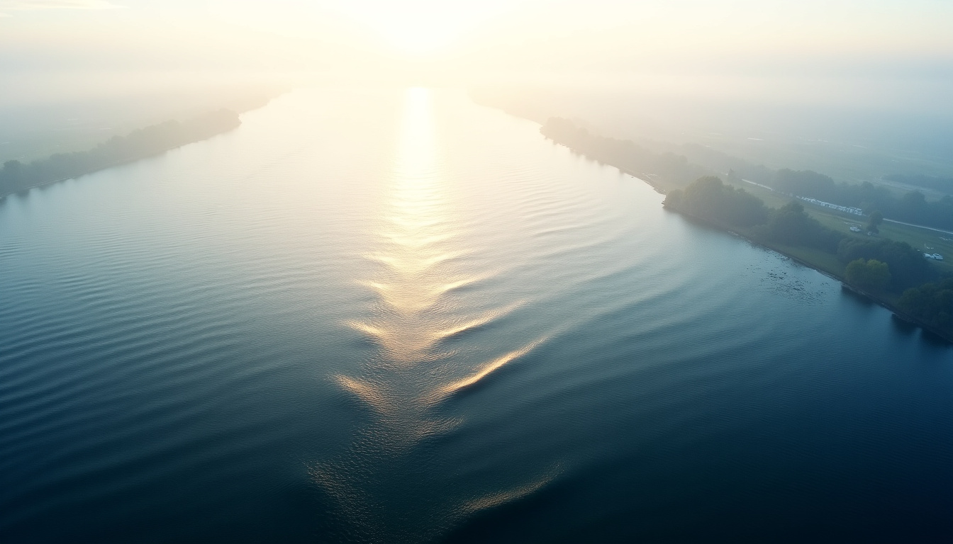 Vue aérienne d’un mascaret sur la Gironde, avec les éteules formant des vagues secondaires
