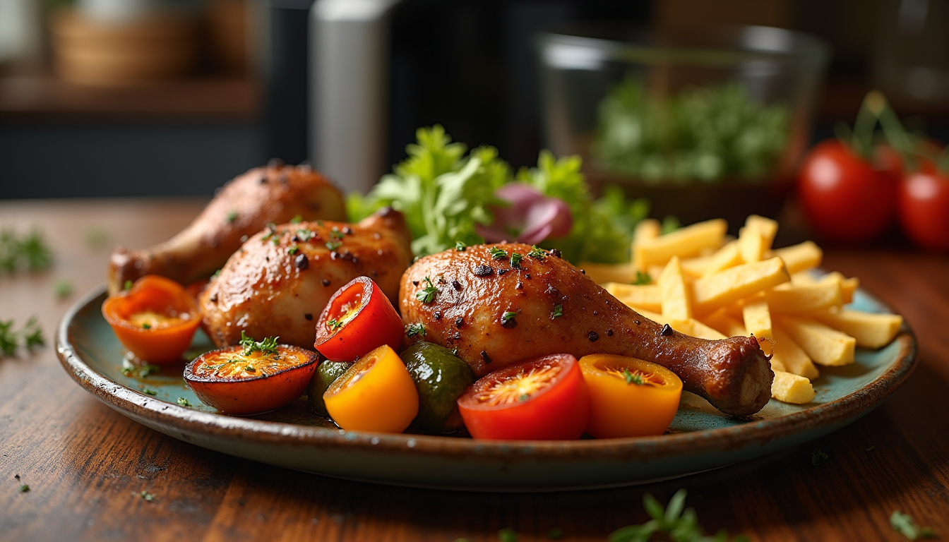 Assiette de légumes rôtis, cuisses de poulet et frites cuites au ninja air fryer