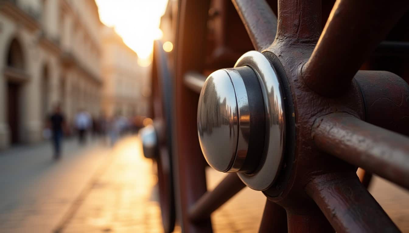 Chapeau de roue en inox poli fixé sur une roue de calèche