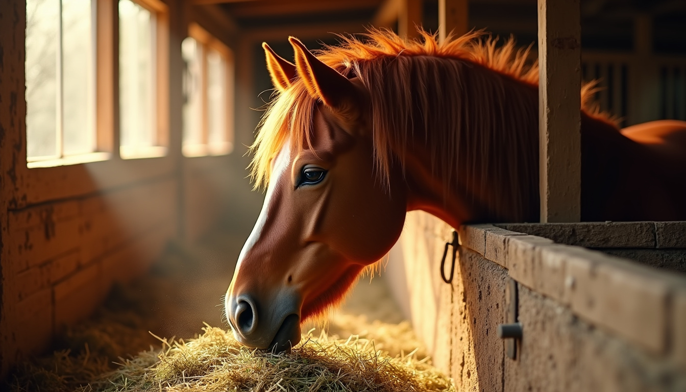 Cheval mangeant du foin dans un râtelier en bois
