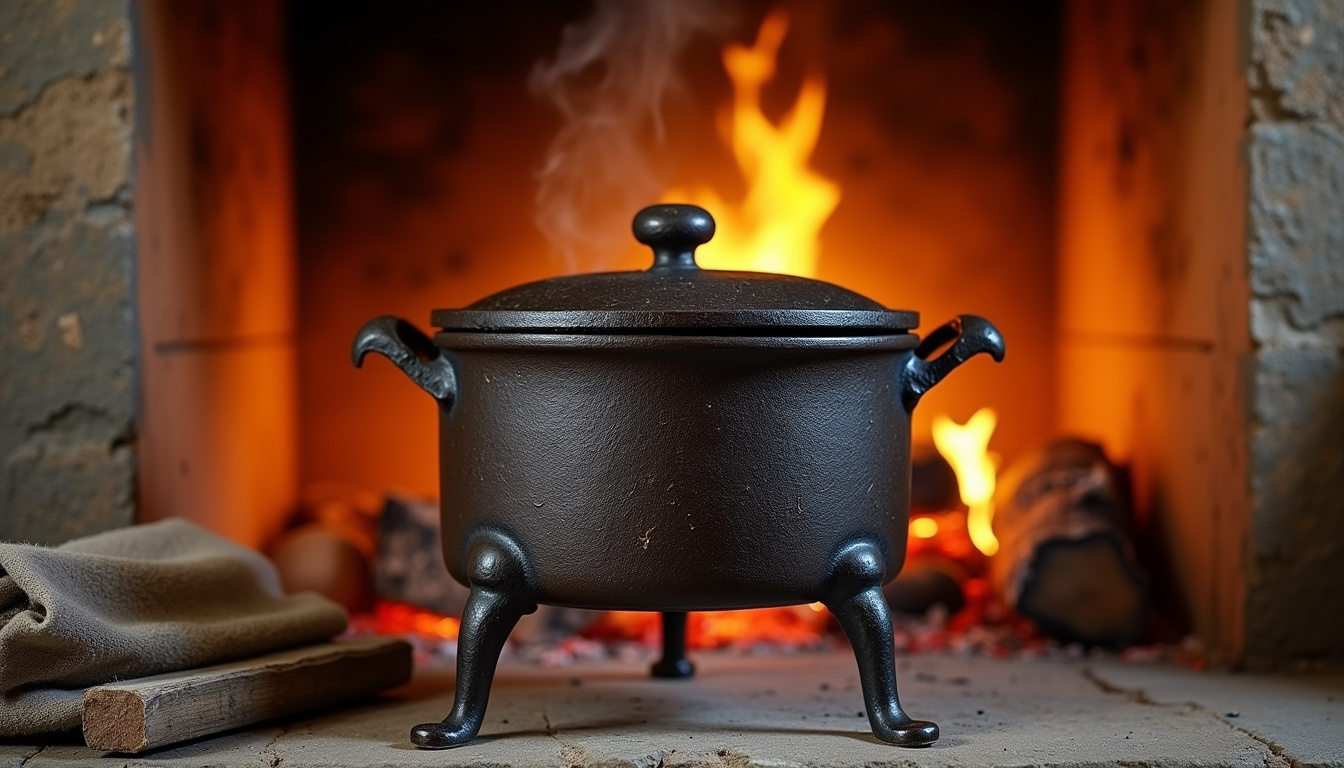 Cocotte ancienne en fonte datant du XIXe siècle posée sur un trépied en fer forgé