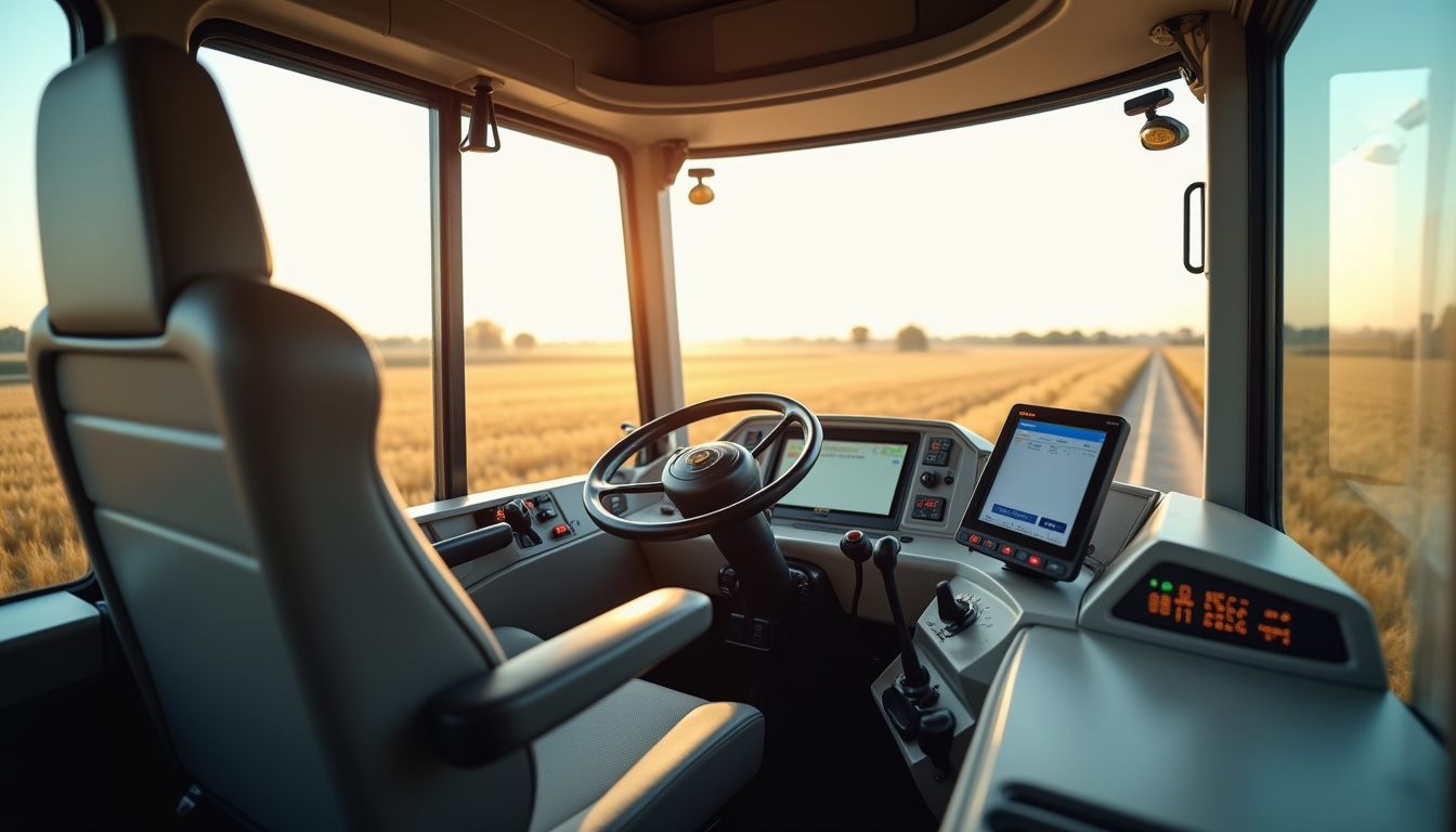 Intérieur de la cabine de la Claas Trion 750 avec poste de pilotage CEBIS