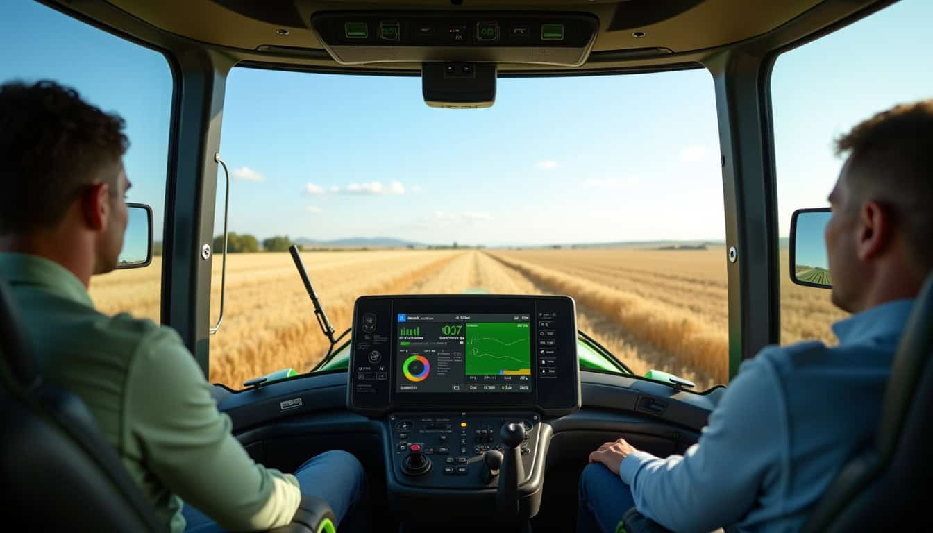 Intérieur de la cabine de la moissonneuse John Deere 9880 STS avec moniteur HarveSmart