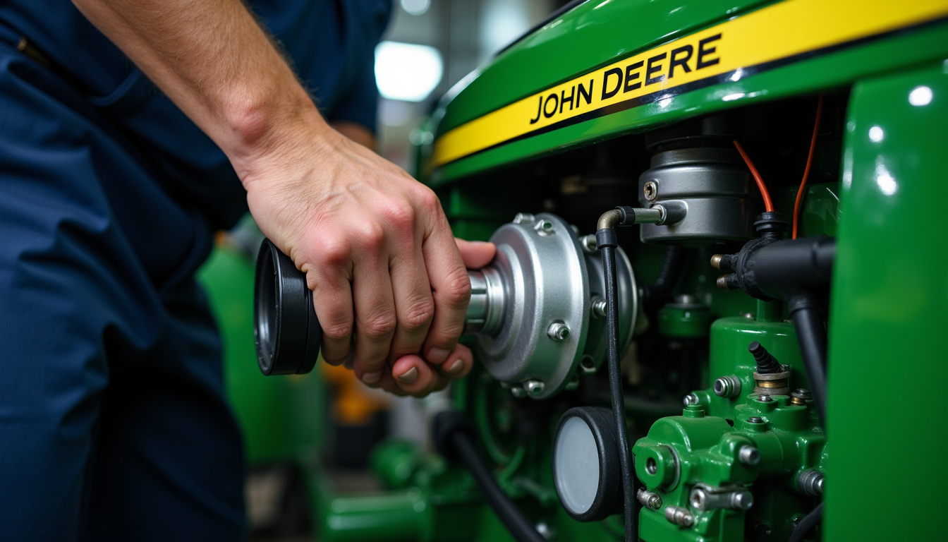 Kit compresseur RE331262 en cours d’installation sur un tracteur John Deere