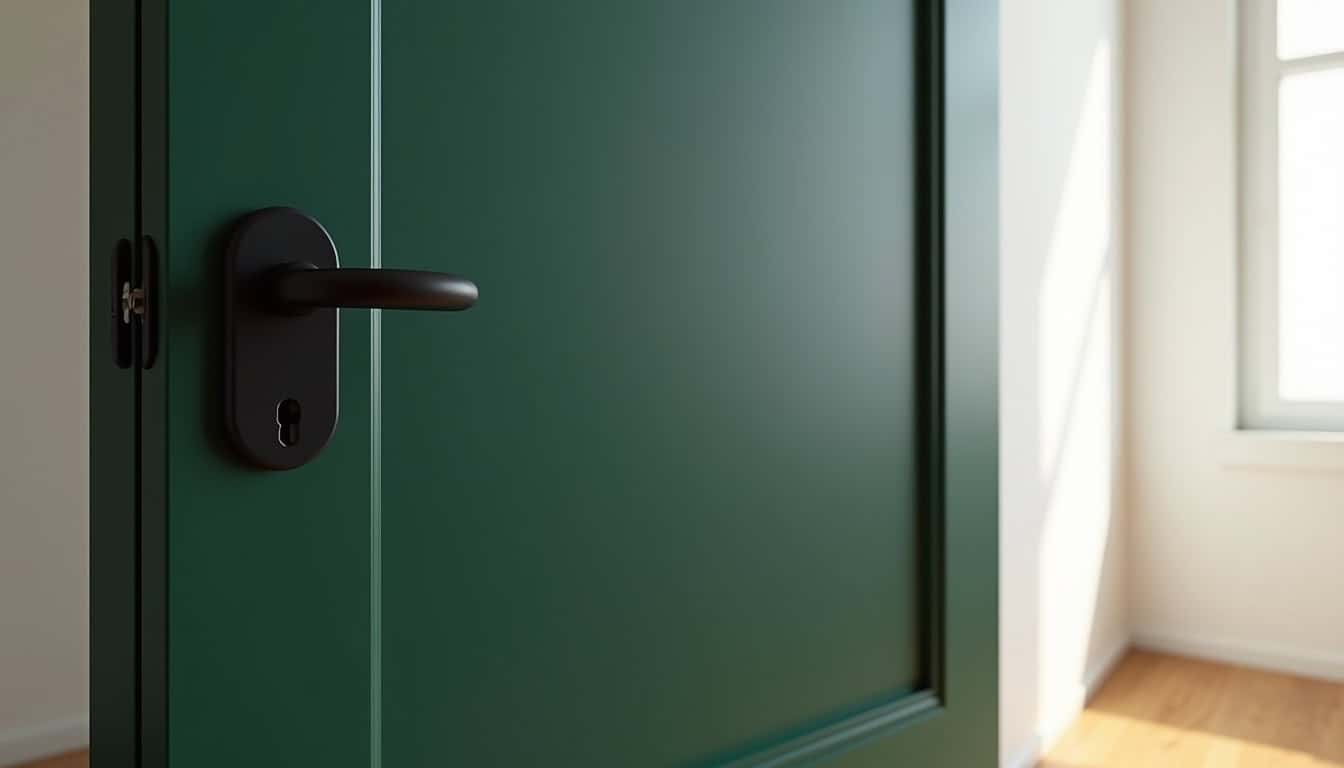 Porte intérieure repeinte en vert forêt avec poignée noire