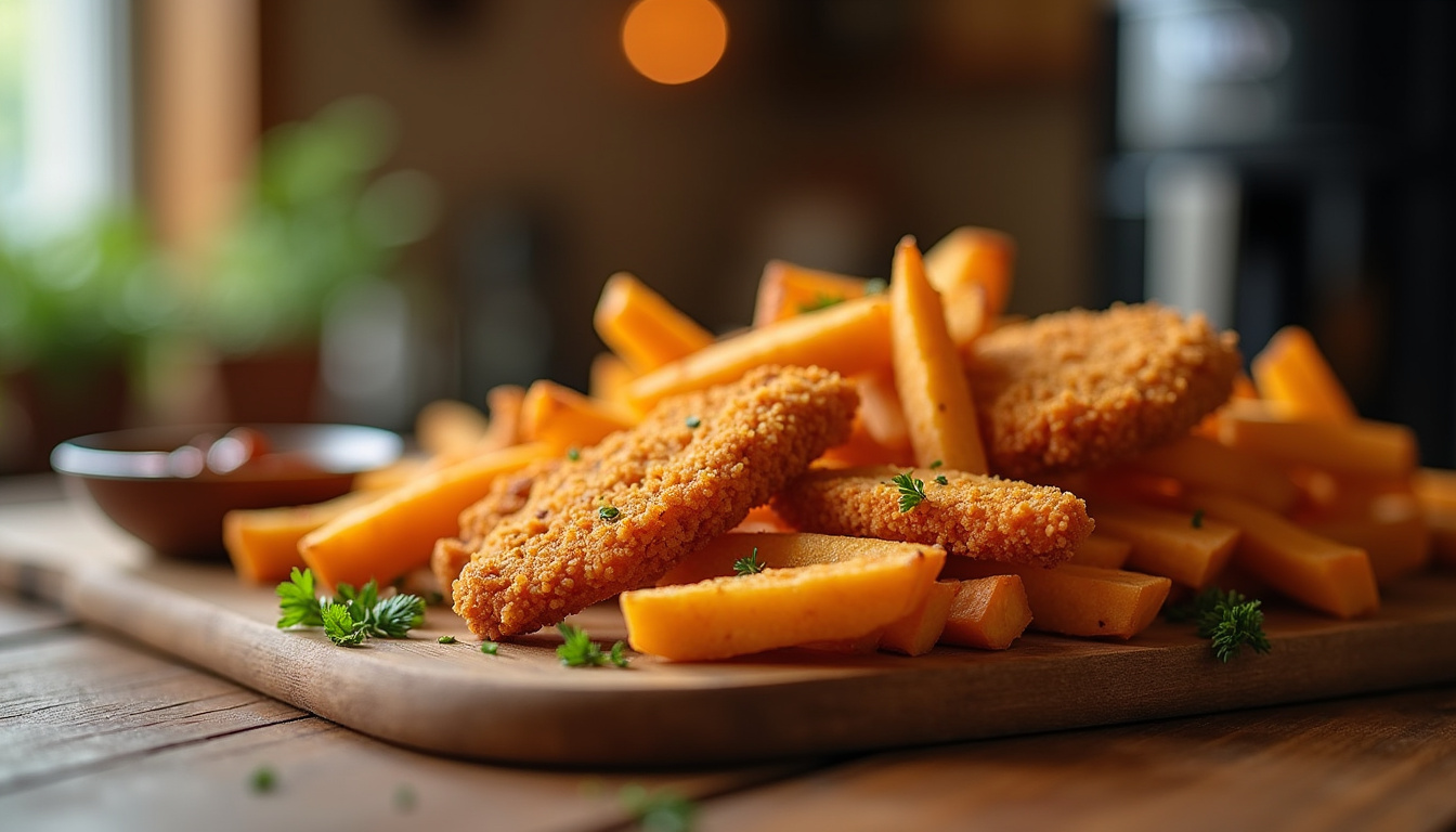 Préparation de frites de patate douce et poulet pané dans un ninja air fryer