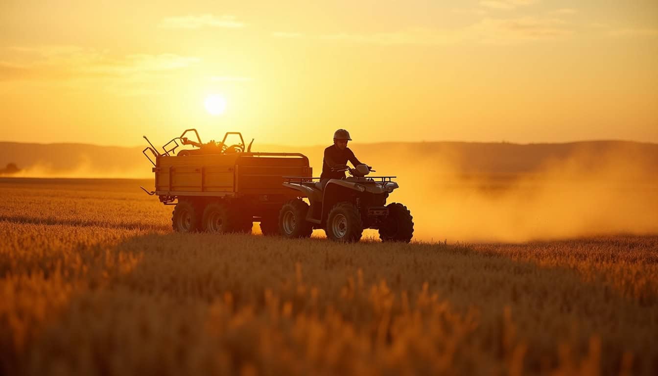 Quad agricole en pleine utilisation dans un champ pour le transport de matériel