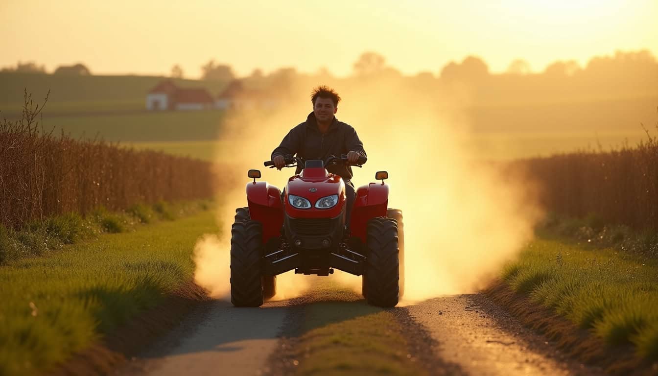 Quad agricole homologué route circulant sur une voie communale
