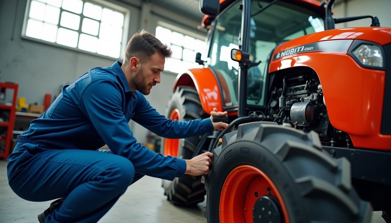 Technicien en train d’effectuer une maintenance sur un tracteur Kubota en atelier