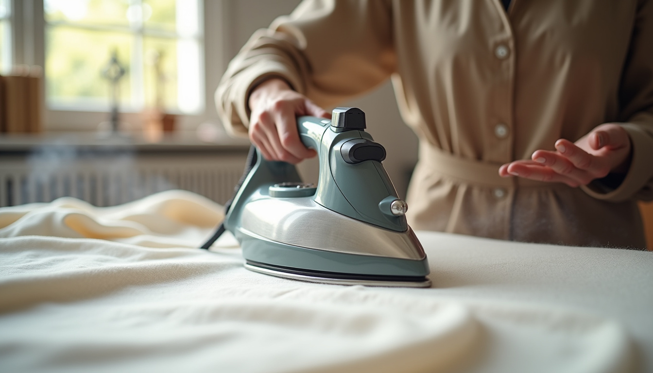Utilisation du fer Laverda M410 sur un tissu en coton épais dans un atelier