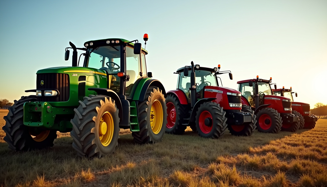 Divers tracteurs de marques différentes alignés dans une exploitation agricole