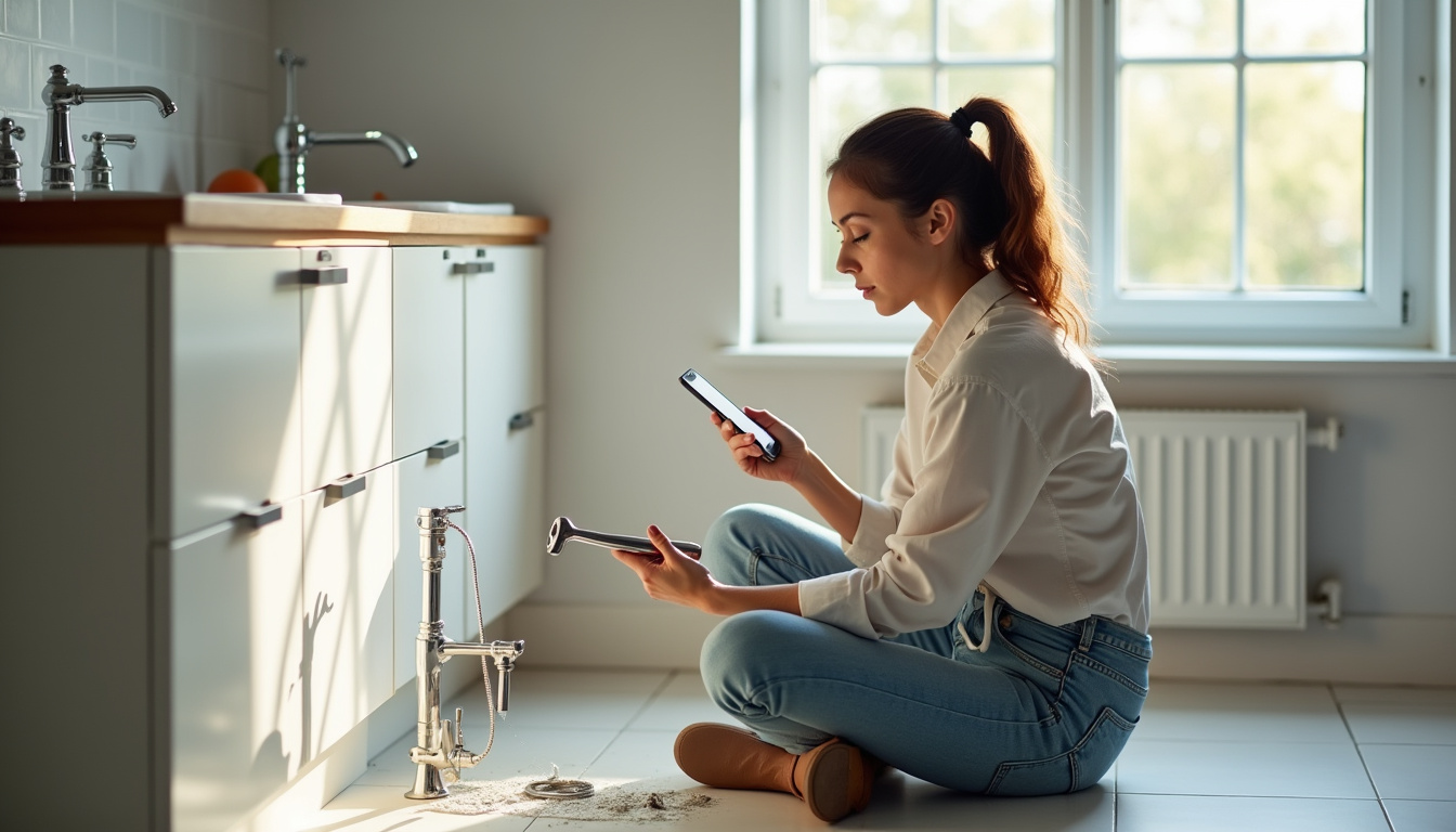 Femme suivant un tutoriel étape par étape pour changer un robinet sur son téléphone