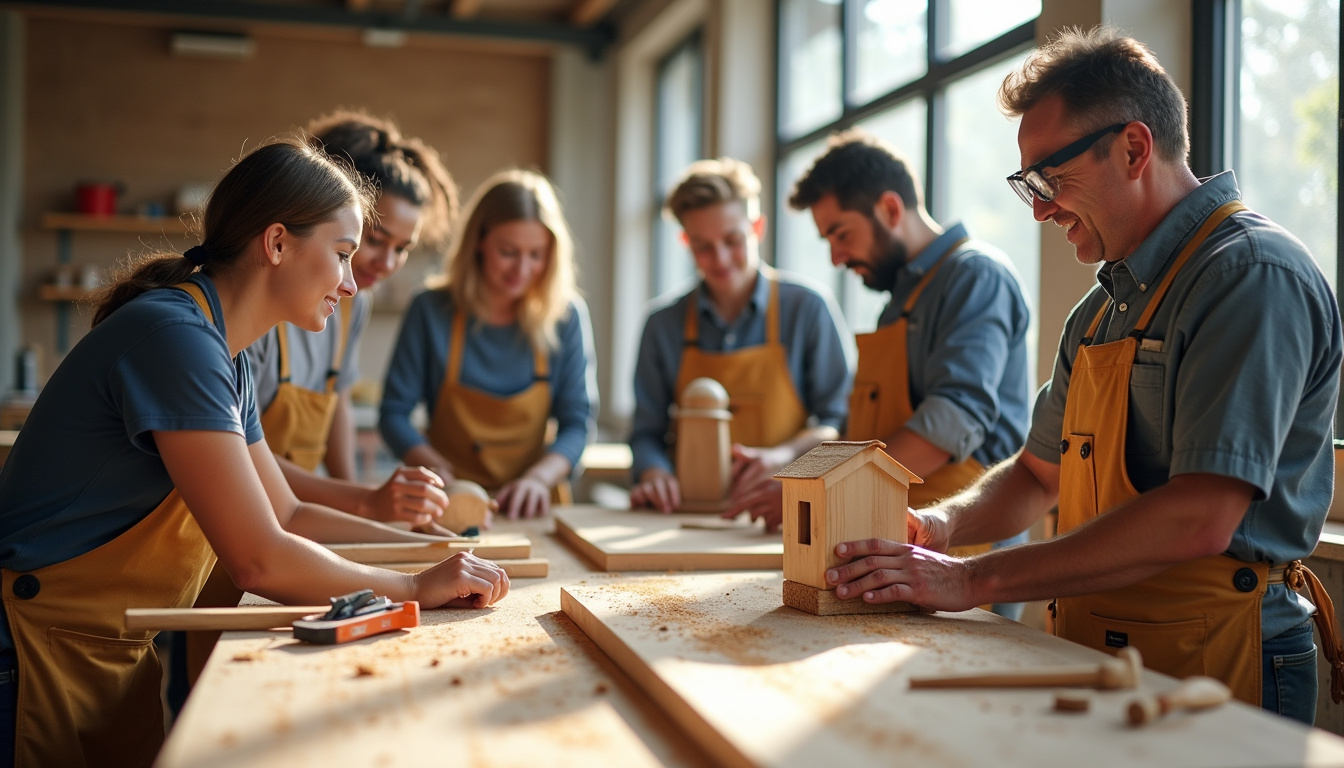 Groupe de participants en train de suivre un atelier bricolage avec un formateur