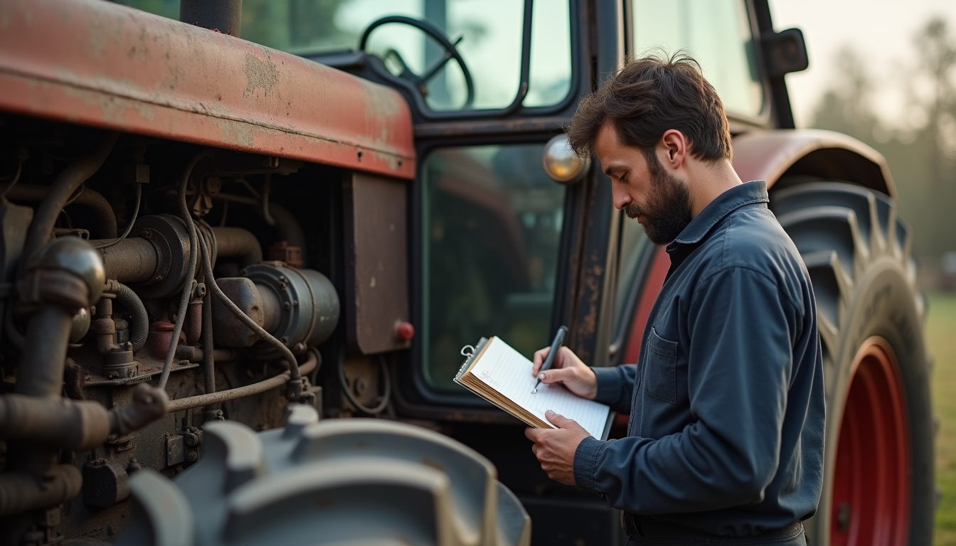 Mécanicien professionnel inspectant un tracteur d’occasion, moteur ouvert, avec outils et carnet de bord