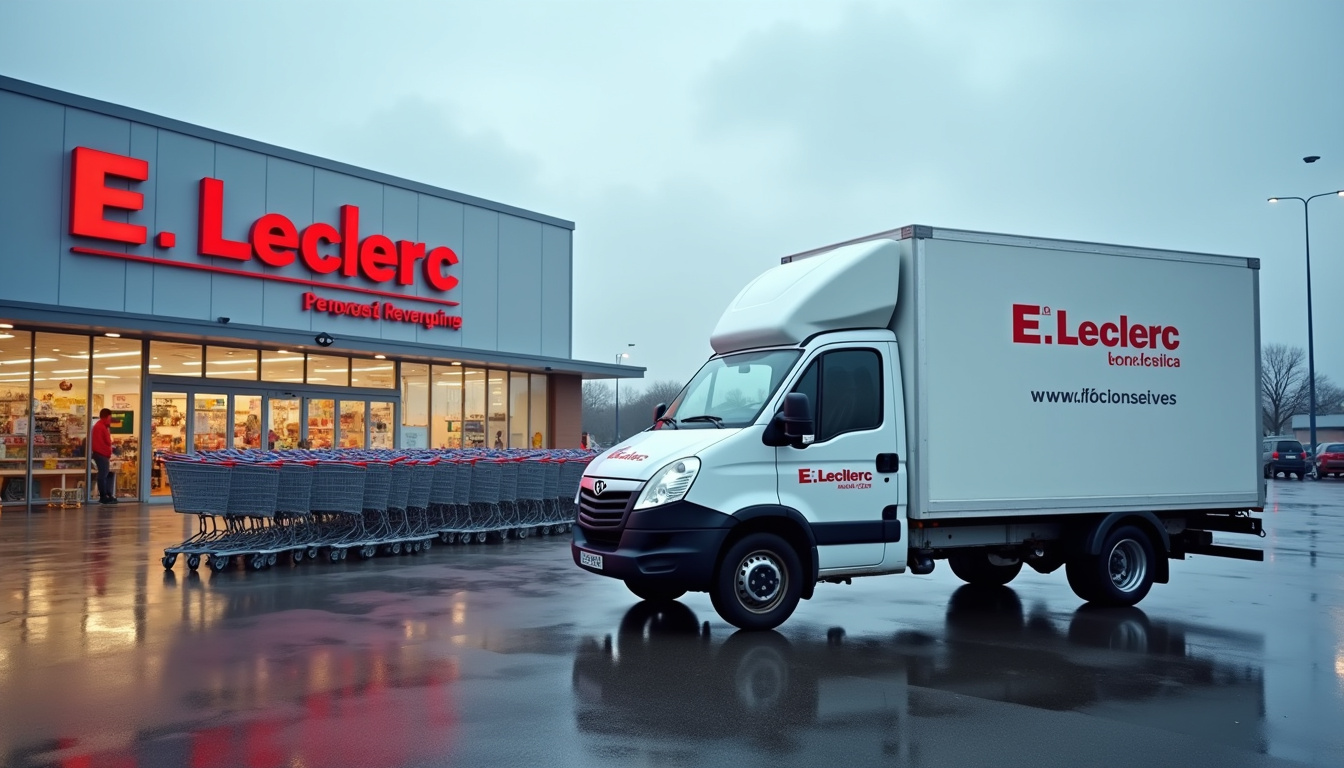 Point de location de camion situé sur le parking d'un supermarché E.Leclerc, avec véhicule utilitaire en attente de restitution