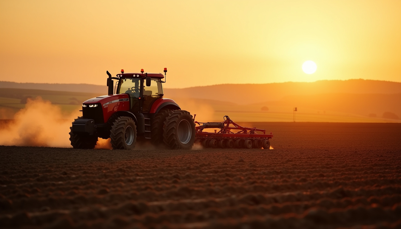 Tracteur agricole en action dans un champ, en train de labourer la terre
