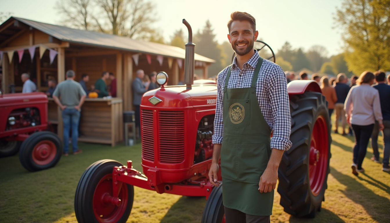 Tracteur d’occasion présenté lors d’une foire agricole, entouré de visiteurs et d’un vendeur professionnel