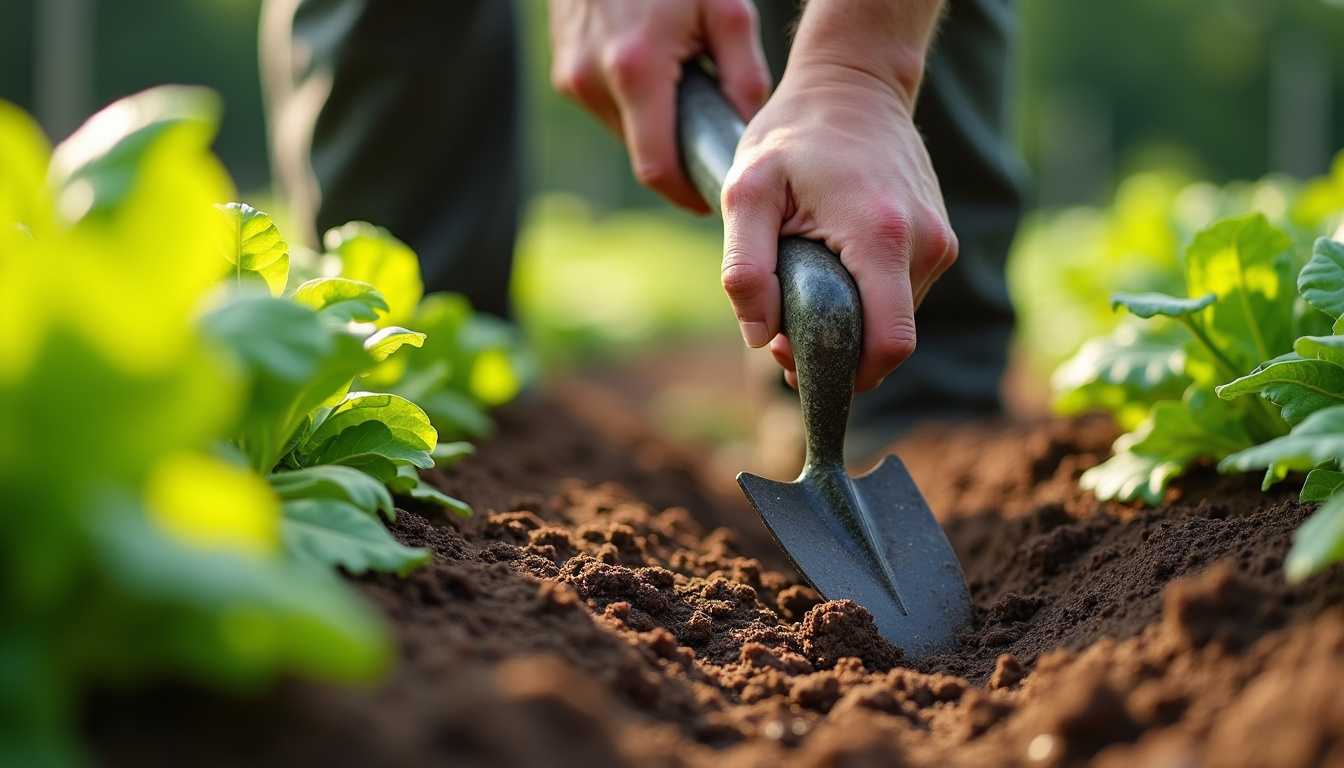 Utilisation d'une binette dans un potager pour désherber entre les rangs de légumes