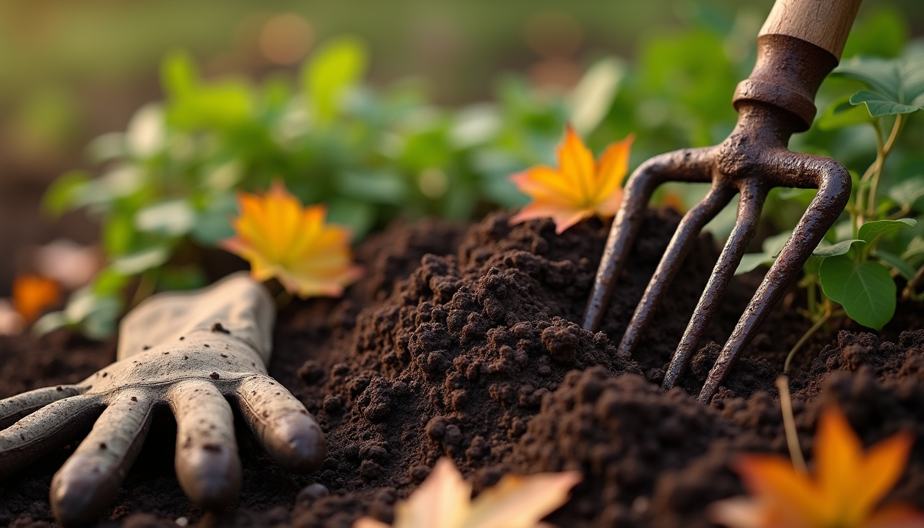 Utilisation d'une fourche de jardin pour retourner un tas de compost