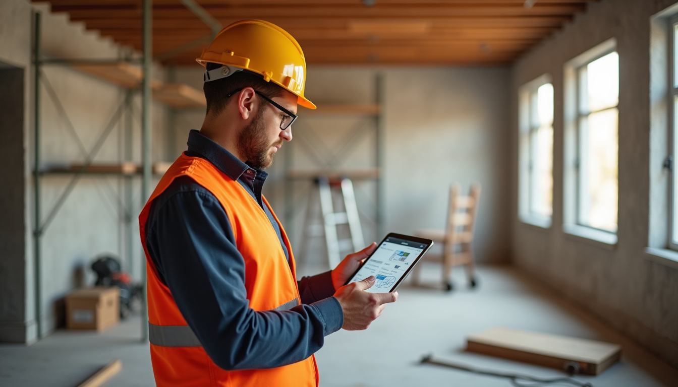 Artisans en rénovation utilisant l'application Travaux.com sur un chantier