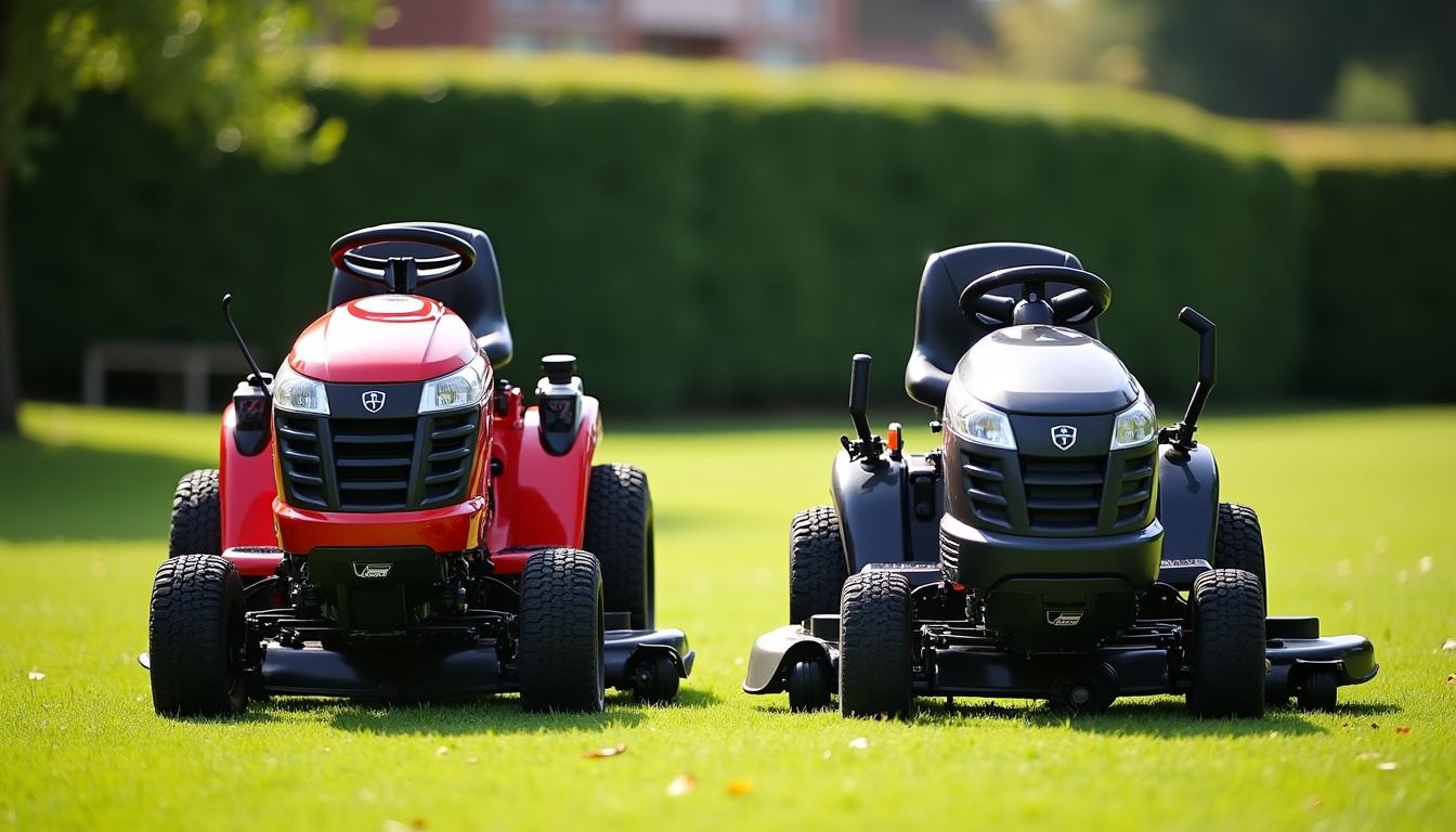 Comparaison visuelle entre un tracteur tondeuse classique et un Rider avec leurs caractéristiques principales