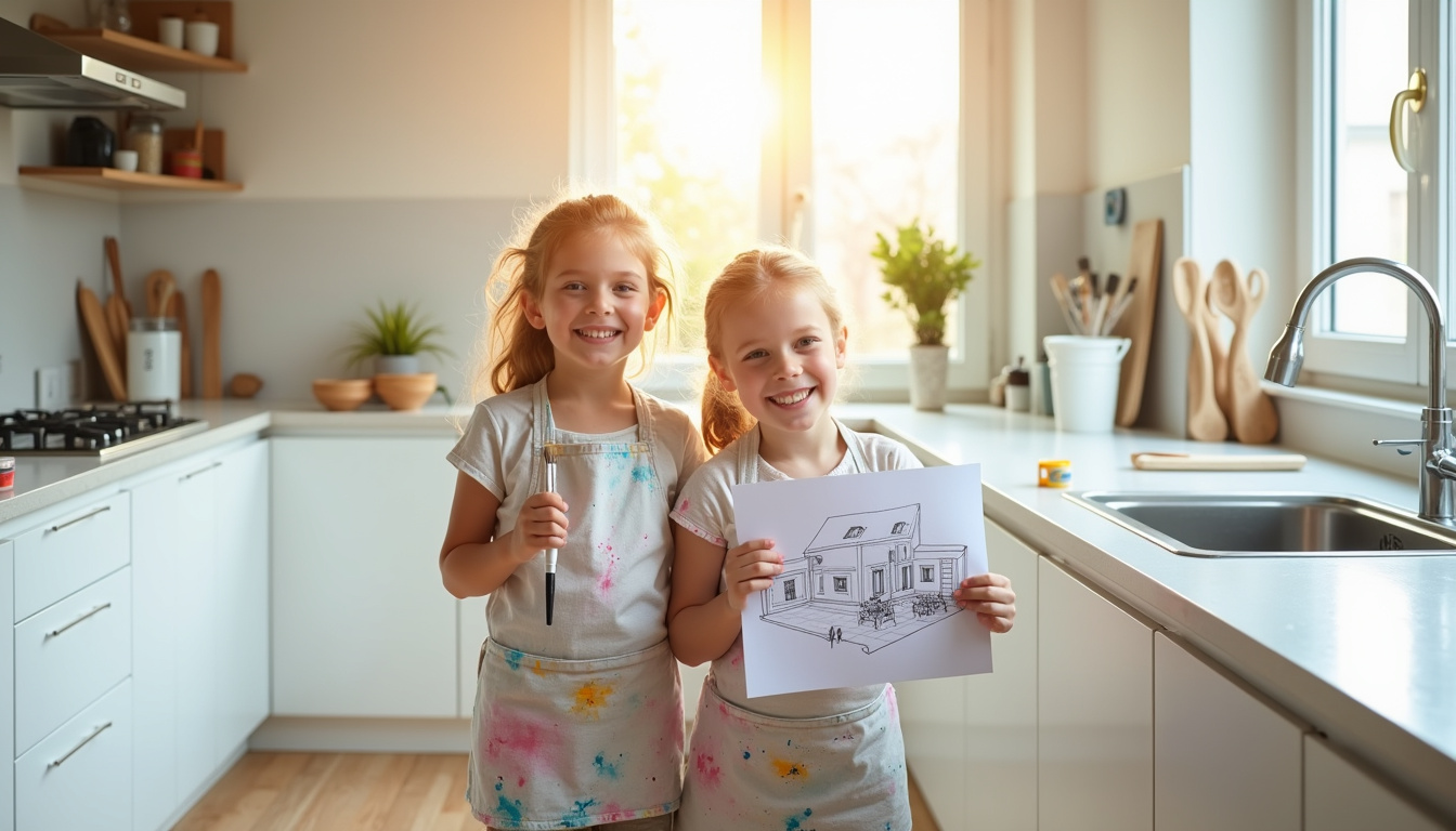 Cuisine rénovée avec des enfants posant fièrement devant le résultat