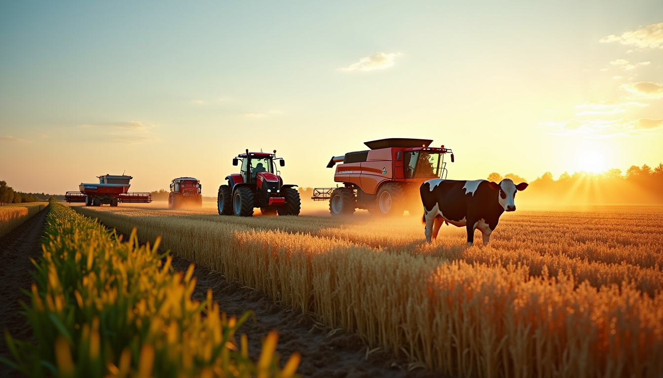 Différents types de machines agricoles sur un champ, illustrant la diversité du machinisme selon les filières (tracteur, moissonneuse, pulvérisateur, machine à traire)