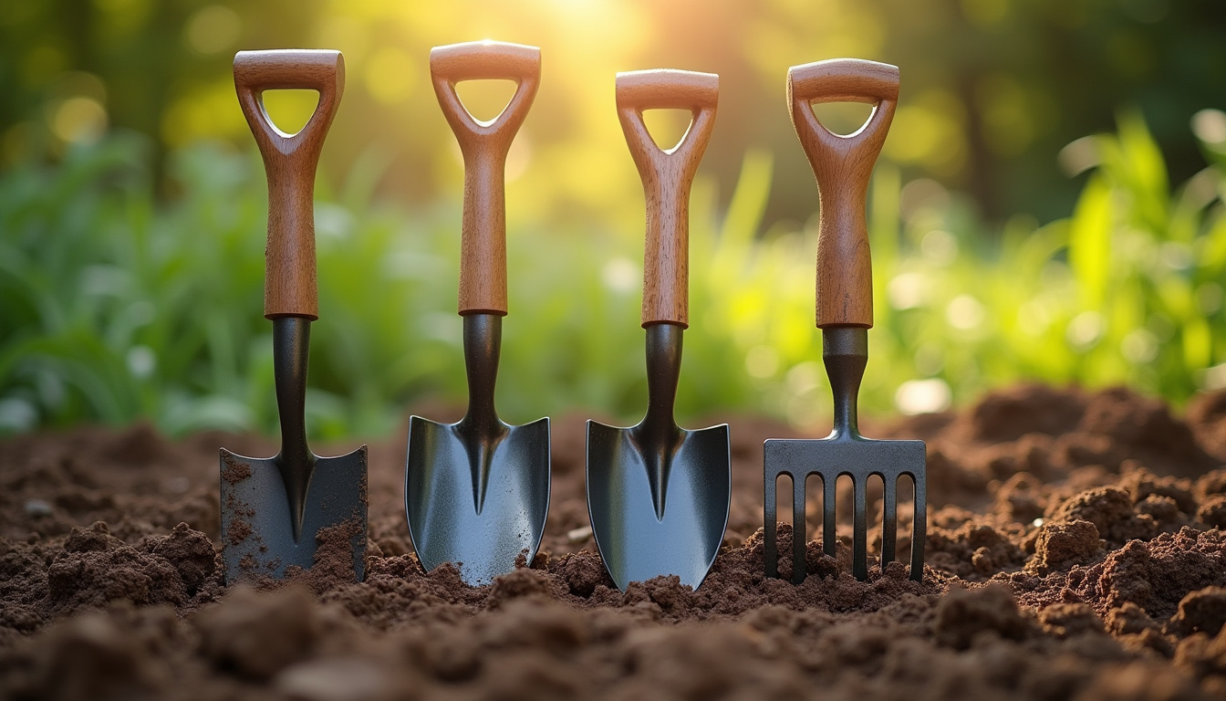 Ensemble d'outils manuels pour le travail de la terre: pelle, bêche, fourche et râteau posés sur un sol meuble