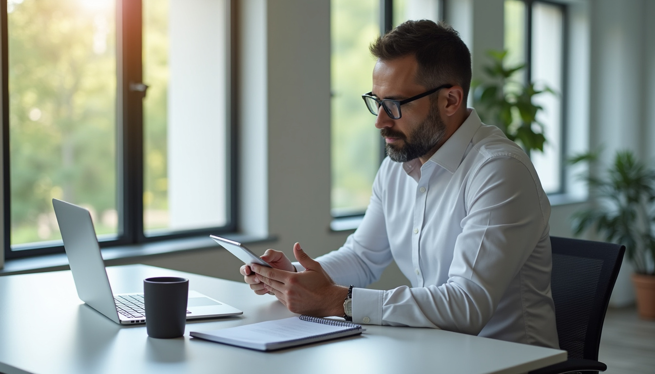 Gestionnaire d'assurance professionnel consultant des données sur une tablette en bureau