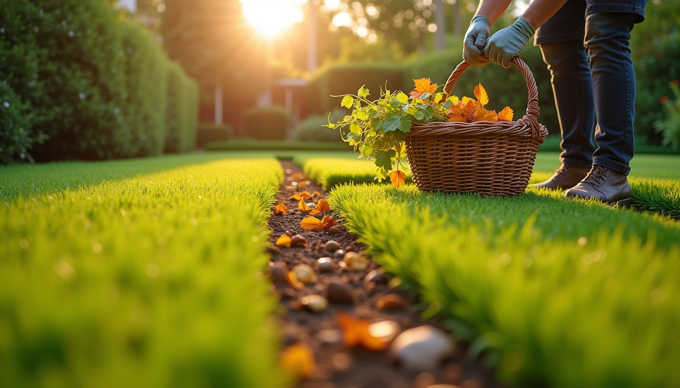 Illustration des différentes prestations d'entretien de jardin: tonte, taille, désherbage, ramassage
