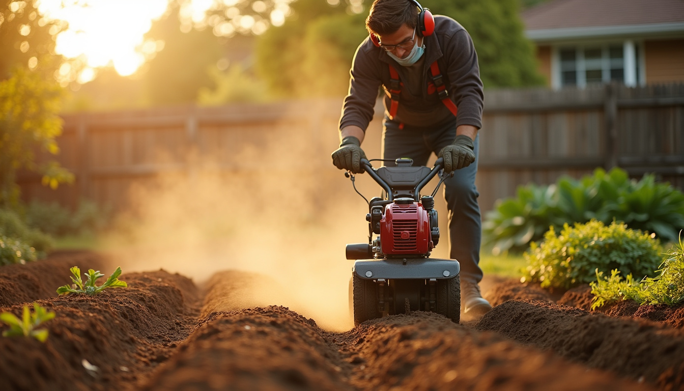 Jardinier utilisant un motoculteur avec équipement de protection