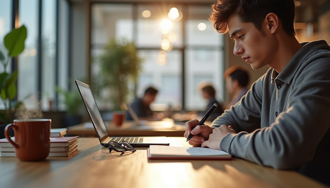 Jeune adulte réfléchissant à un projet entrepreneurial sur un carnet, dans un café coworking
