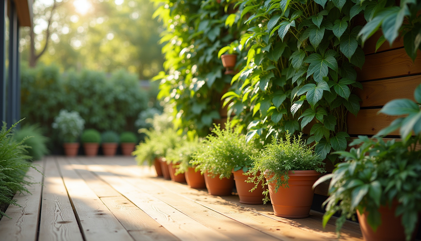 Mur végétal intégré à une terrasse en bois, avec système d'arrosage automatique visible et plantes grimpantes en pot