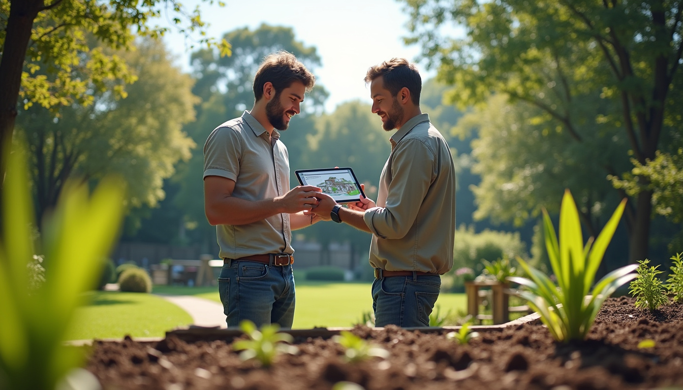 Paysagiste présentant un plan 3D de jardin sur tablette à un client, dans un cadre extérieur