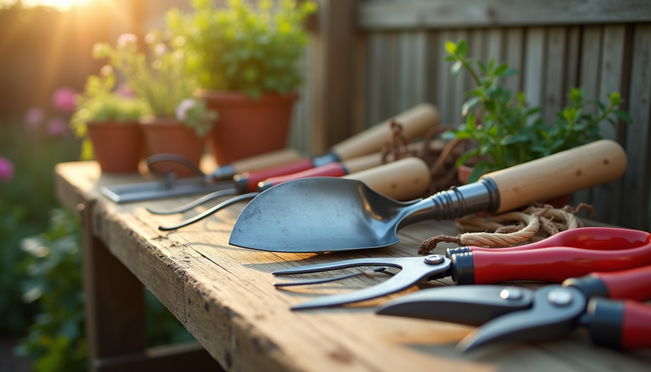 Présentation des outils de base du jardinage: bêche, râteau, pelle, sécateur, cisaille à haie