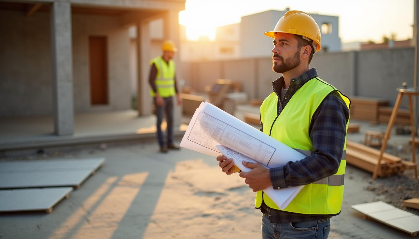 Propriétaire supervisant un chantier de rénovation avec plans