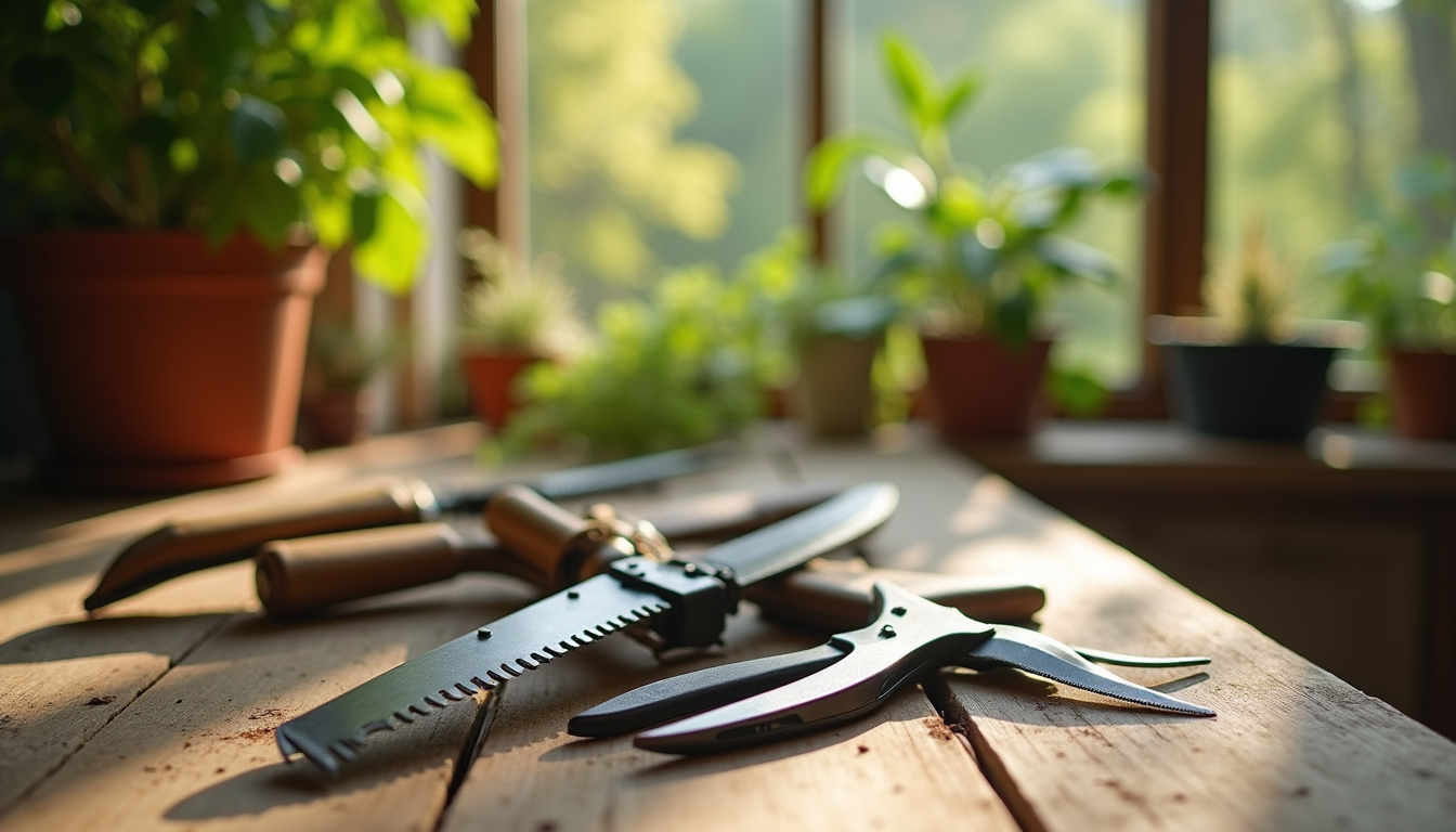 Sécateur, cisaille à haies et coupe-branche télescopique posés sur une table en bois