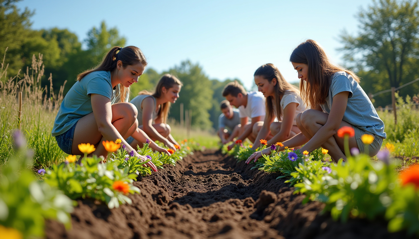 Stage de permaculture en plein air à l'Écolieu l'Ermitage avec participants en train de planter des fleurs