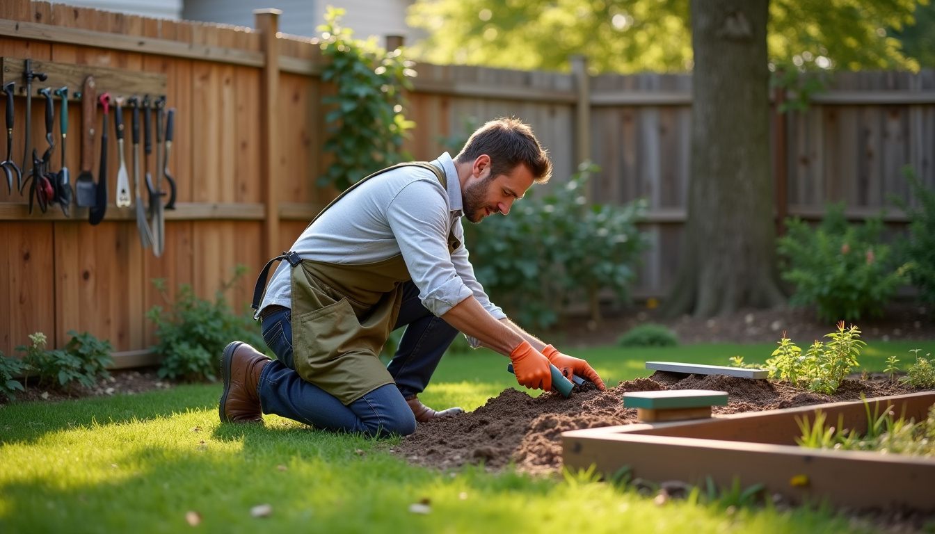 Tablier de jardin, genouillères, range-outils mural et pierre à aiguiser en situation d'utilisation