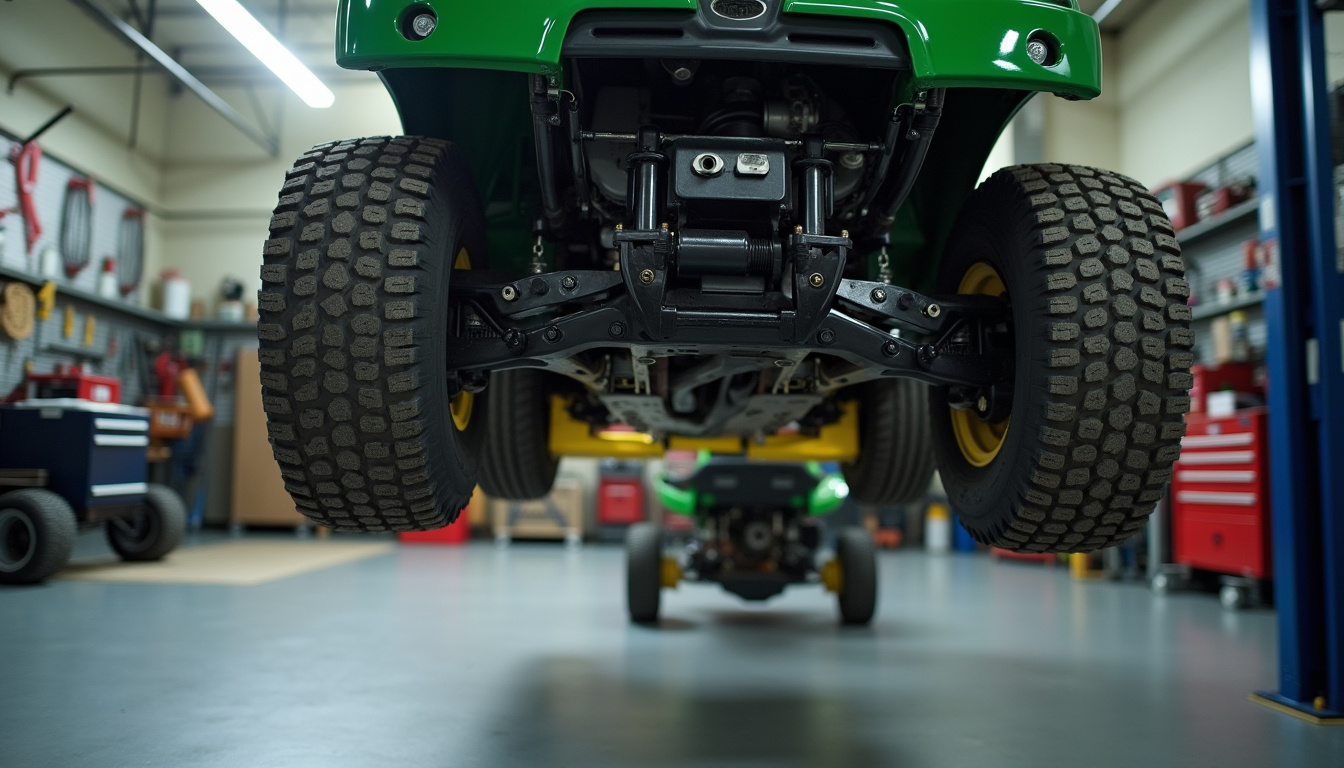 Tondeuse autoportée soulevée avec un lève tracteur pour nettoyage du carter